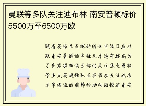曼联等多队关注迪布林 南安普顿标价5500万至6500万欧