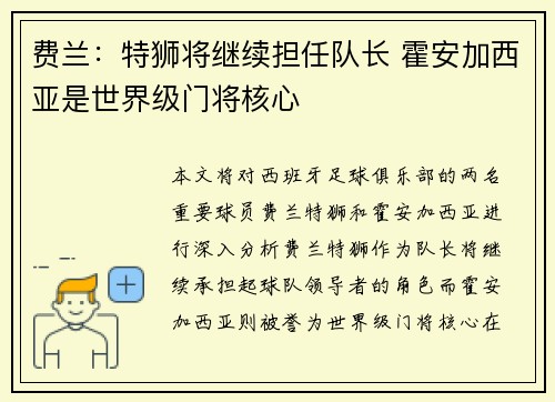 费兰：特狮将继续担任队长 霍安加西亚是世界级门将核心