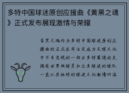 多特中国球迷原创应援曲《黄黑之魂》正式发布展现激情与荣耀