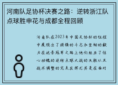 河南队足协杯决赛之路：逆转浙江队点球胜申花与成都全程回顾
